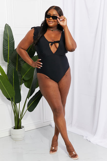 Marina West Swim Seashell Ruffle Sleeve One-Piece in Black - House of Binx 