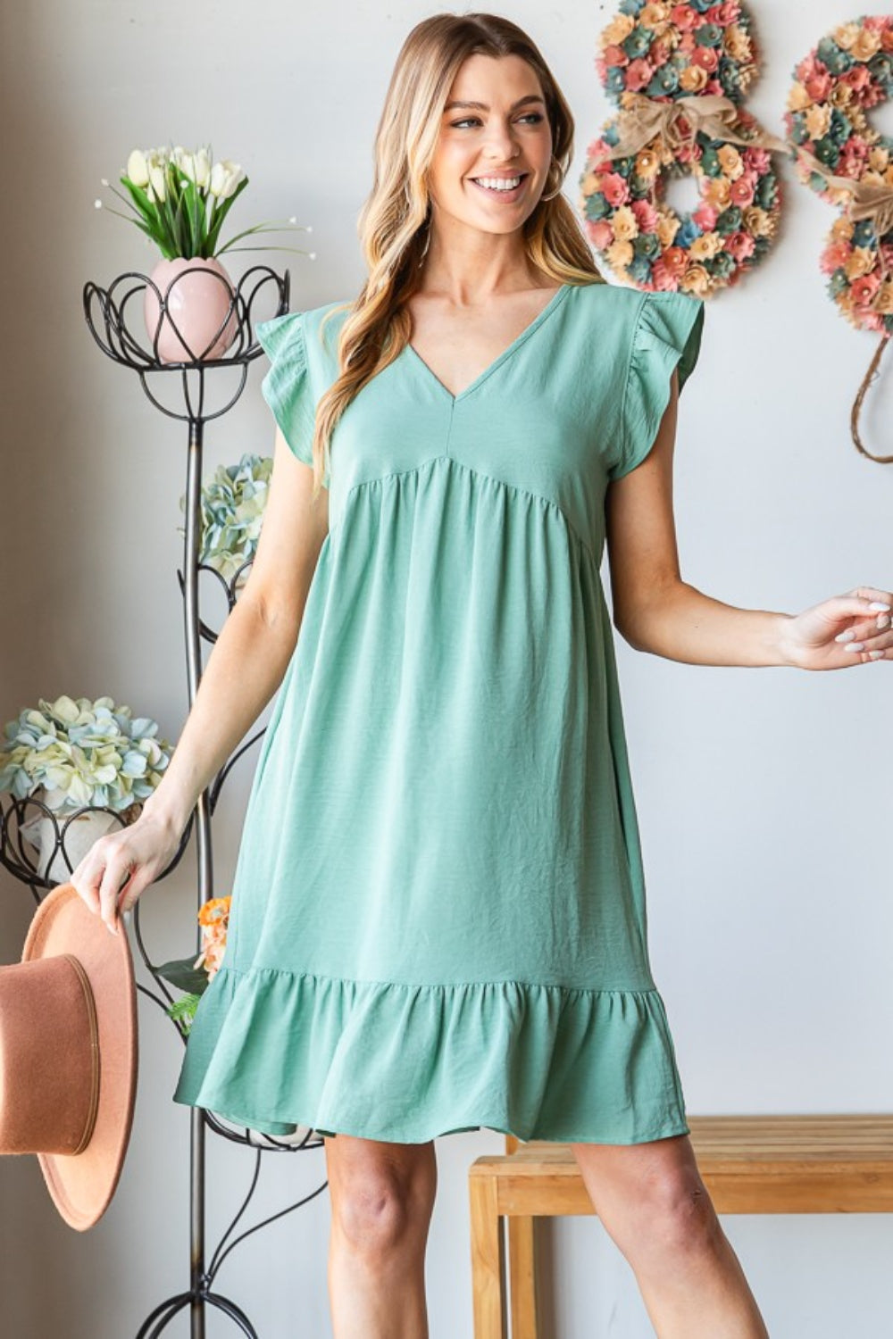 Heimish Full Size Short Sleeve V Neck Ruffled Hem Dress - House of Binx 