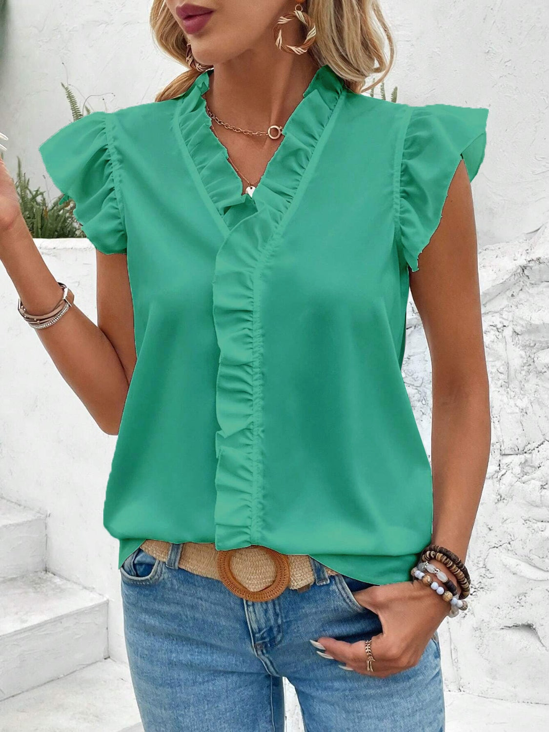 Ruffled V-Neck Cap Sleeve Blouse - House of Binx 