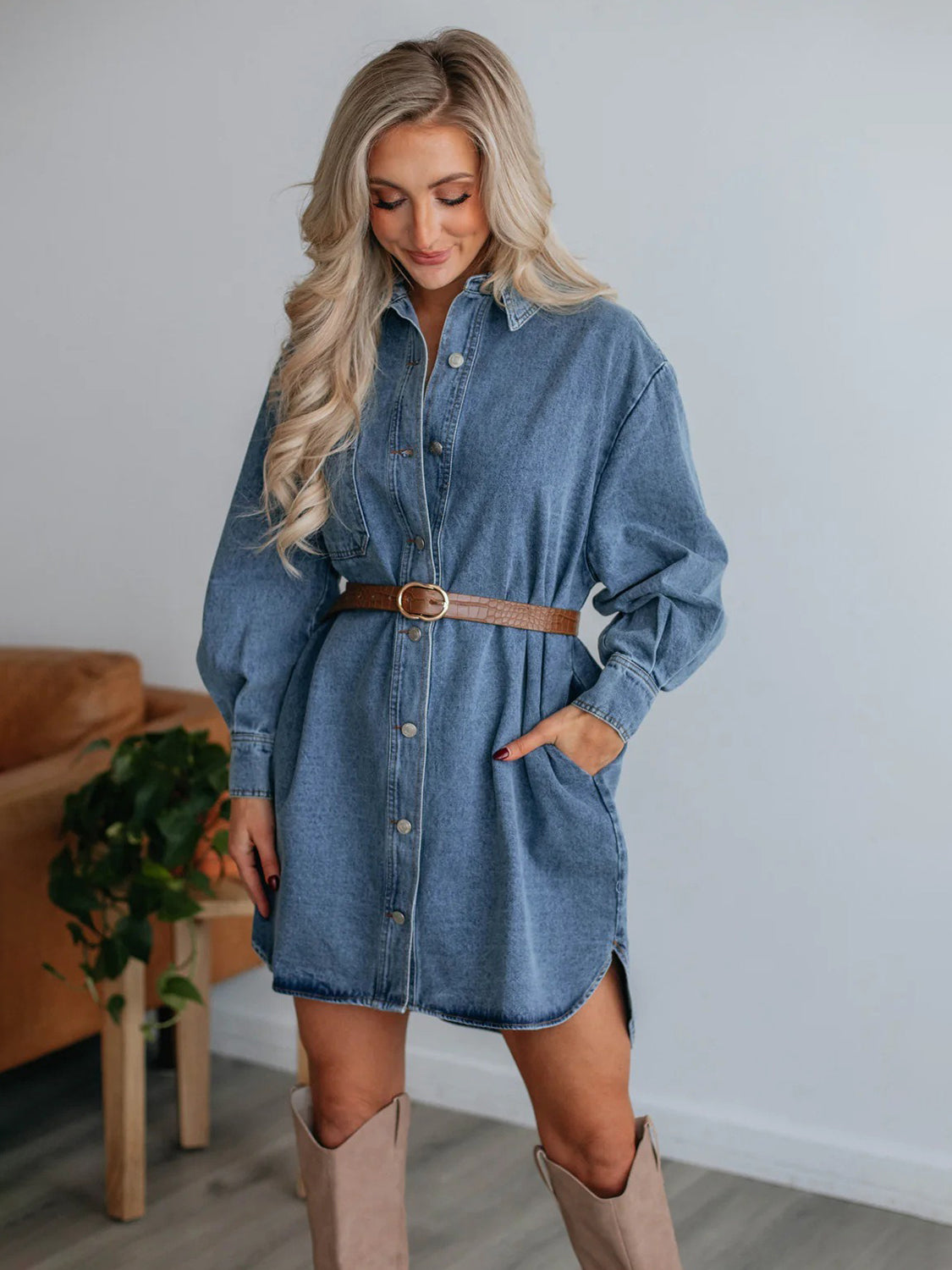 long sleeve denim dress Button Up Collared Neck Valen 6 Drawer Dresser Swatch:#e8999b layer with a lightweight SHIRRED FABRIC + STRAP SOLD SEPARATELY:Add or Buy 3/4 Yard