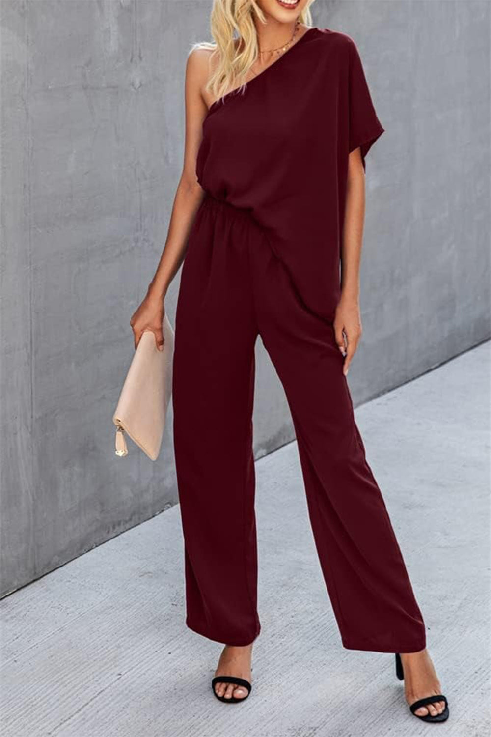 Single Shoulder Short Sleeve Jumpsuit - House of Binx 