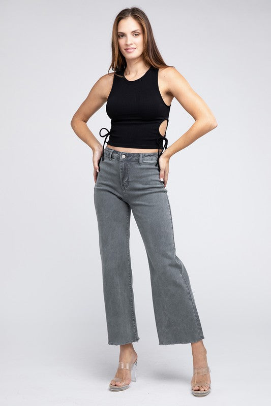 Acid Wash Frayed Cutoff Hem Straight Wide Pants - House of Binx 