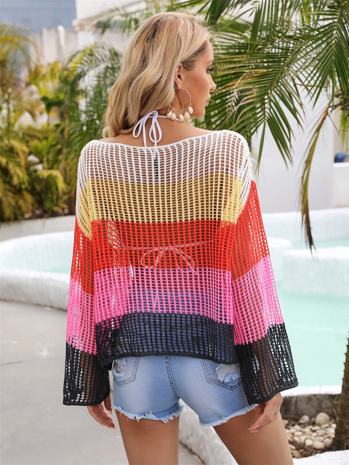 Color Block Openwork Boat Neck Cover Up - House of Binx 