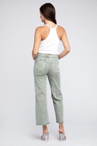 Acid Wash Frayed Cutoff Hem Straight Wide Pants - House of Binx 