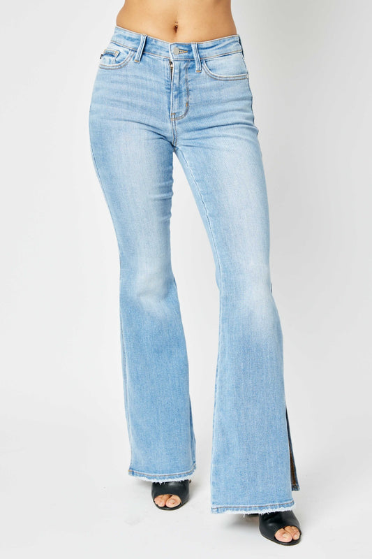 Judy Blue Full Size Mid Rise Raw Hem Slit Flare Jeans - House of Binx 