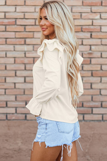 Beige Ruffled Flounce Sleeve Corduroy Blouse