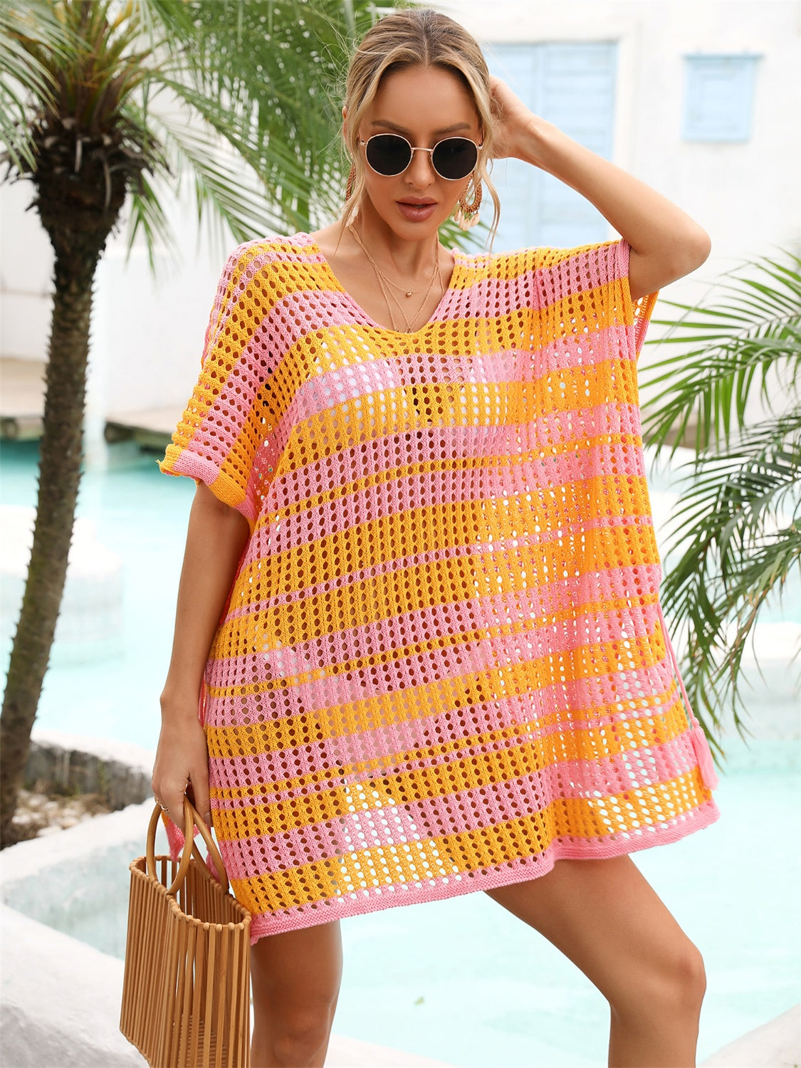 Tassel Openwork Striped V-Neck Cover Up - House of Binx 