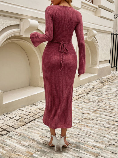 Devine Tied V-Neck Long Sleeve Sweater Dress