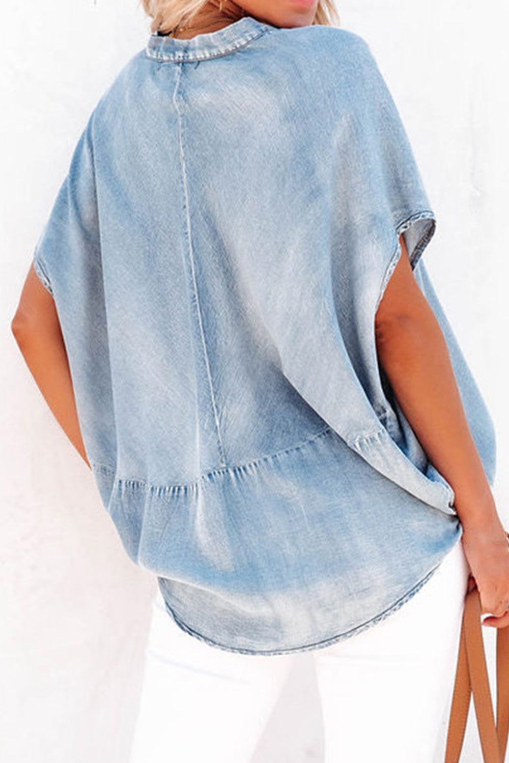 Notched Short Sleeve Denim Top - House of Binx 