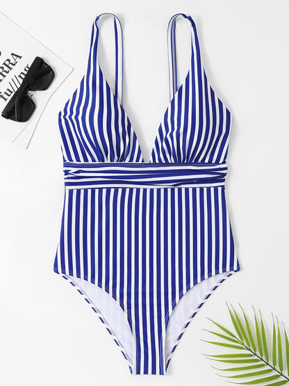 Striped Plunge Sleeveless One-Piece Swimwear - House of Binx 