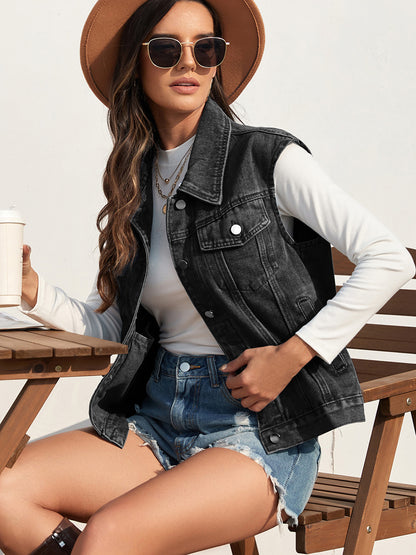 Collared Neck Sleeveless Denim Jacket - House of Binx 