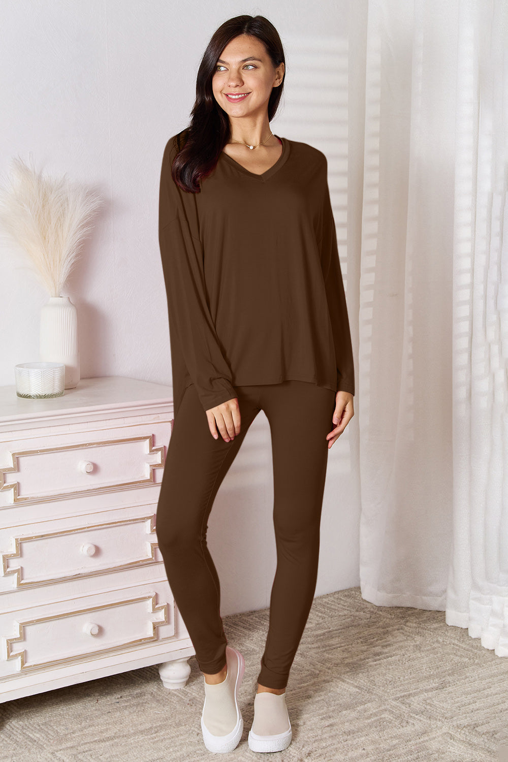 Basic Bae Full Size V-Neck Soft Rayon Long Sleeve Top and Pants Lounge Set - House of Binx 