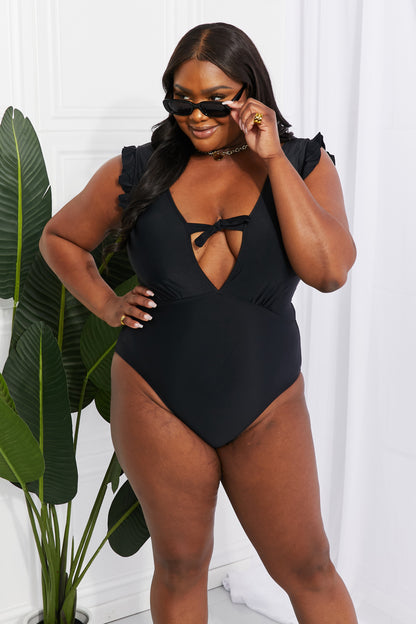 Marina West Swim Seashell Ruffle Sleeve One-Piece in Black - House of Binx 