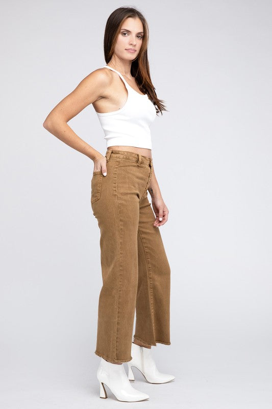 Acid Wash Frayed Cutoff Hem Straight Wide Pants - House of Binx 