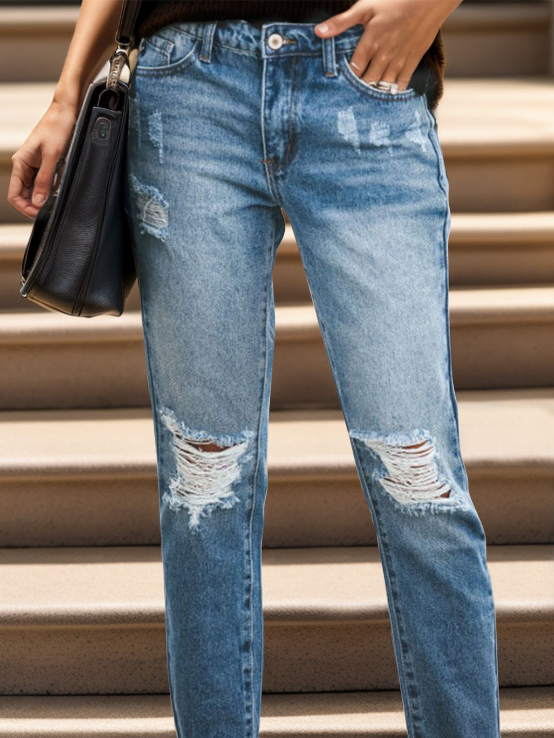 Distressed Raw Hem Jeans with Pockets - House of Binx 