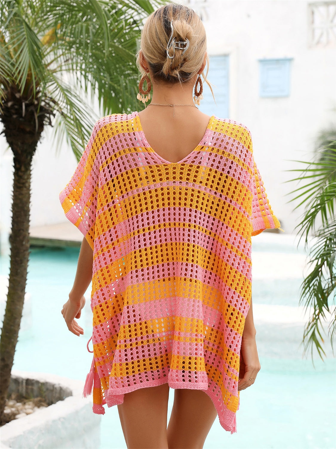 Tassel Openwork Striped V-Neck Cover Up - House of Binx 