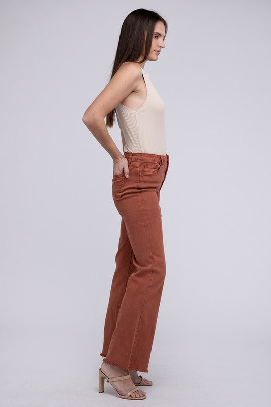 Acid Washed Frayed Cutoff Hem Straight Wide Pants - House of Binx 