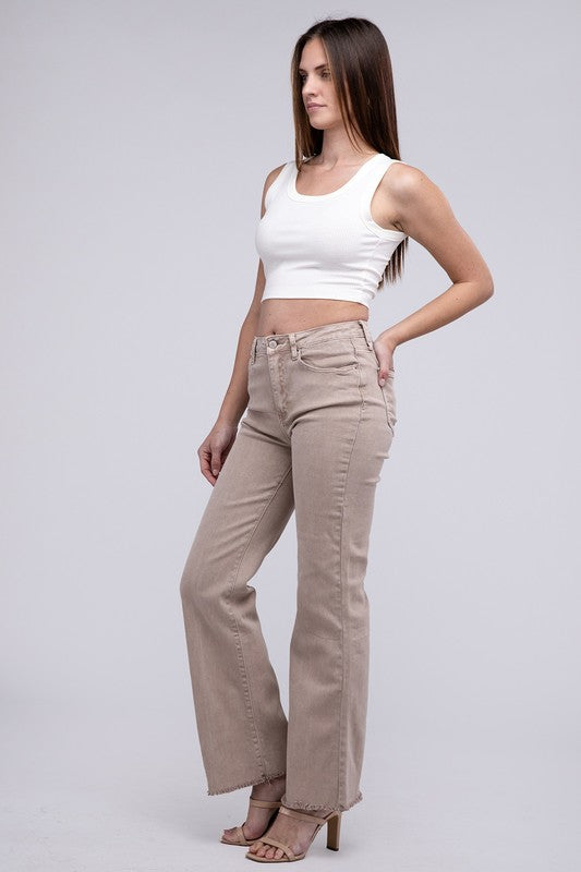 Acid Washed Frayed Cutoff Hem Straight Wide Pants - House of Binx 