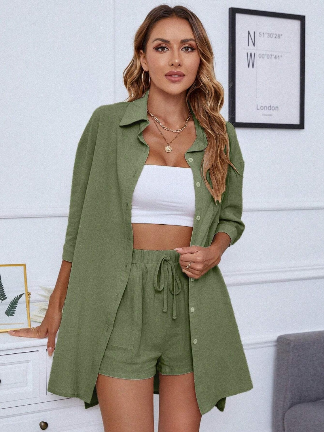 Dropped Shoulder Button Up Shirt and Shorts Set - House of Binx 