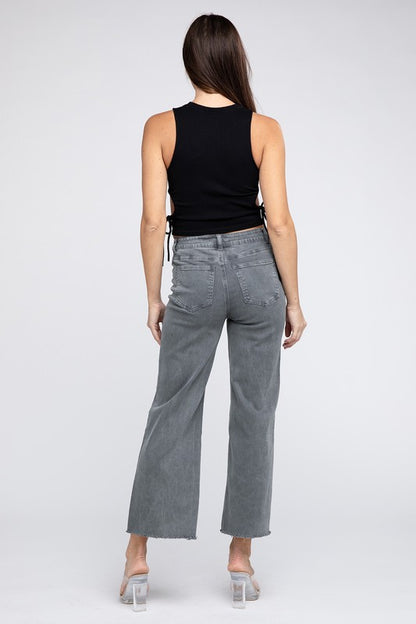 Acid Wash Frayed Cutoff Hem Straight Wide Pants - House of Binx 