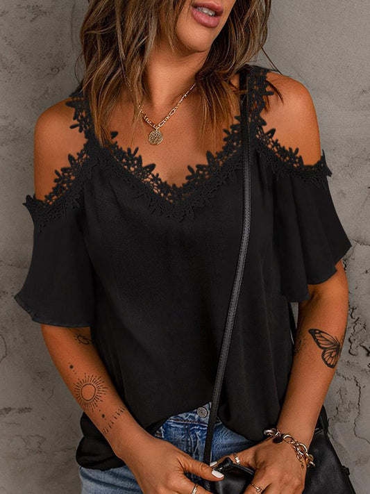 Lace Detail V-Neck Half Sleeve Blouse - House of Binx 