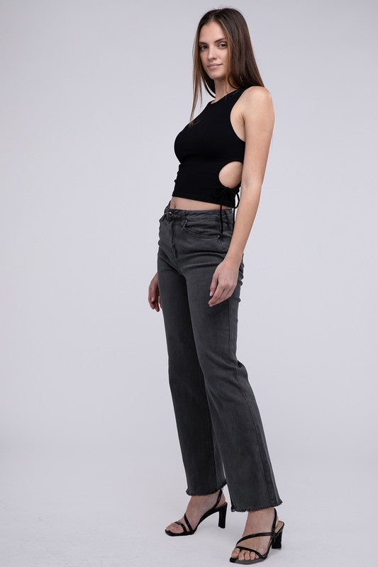 Acid Washed Frayed Cutoff Hem Straight Wide Pants - House of Binx 