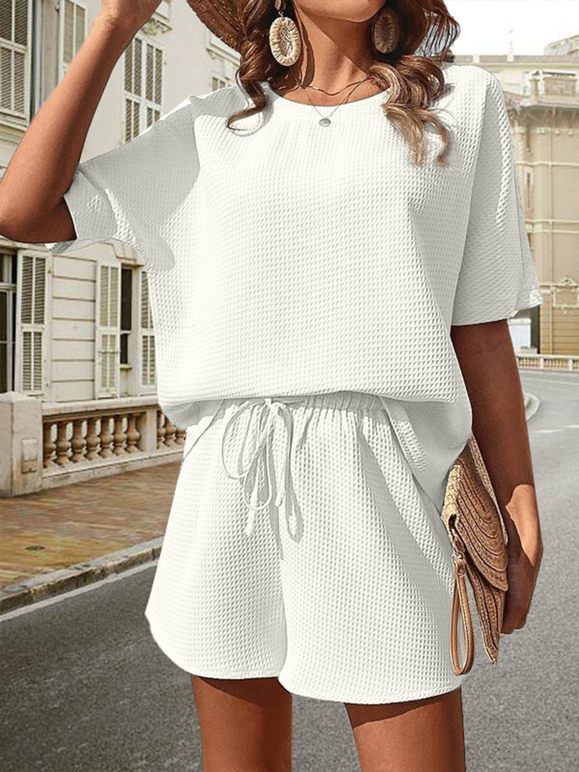 Waffle-Knit Half Sleeve Top and Shorts Set - House of Binx 