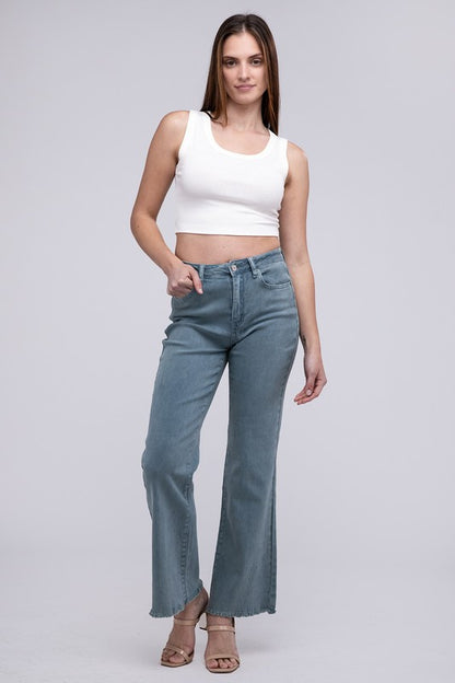 Acid Washed Frayed Cutoff Hem Straight Wide Pants - House of Binx 