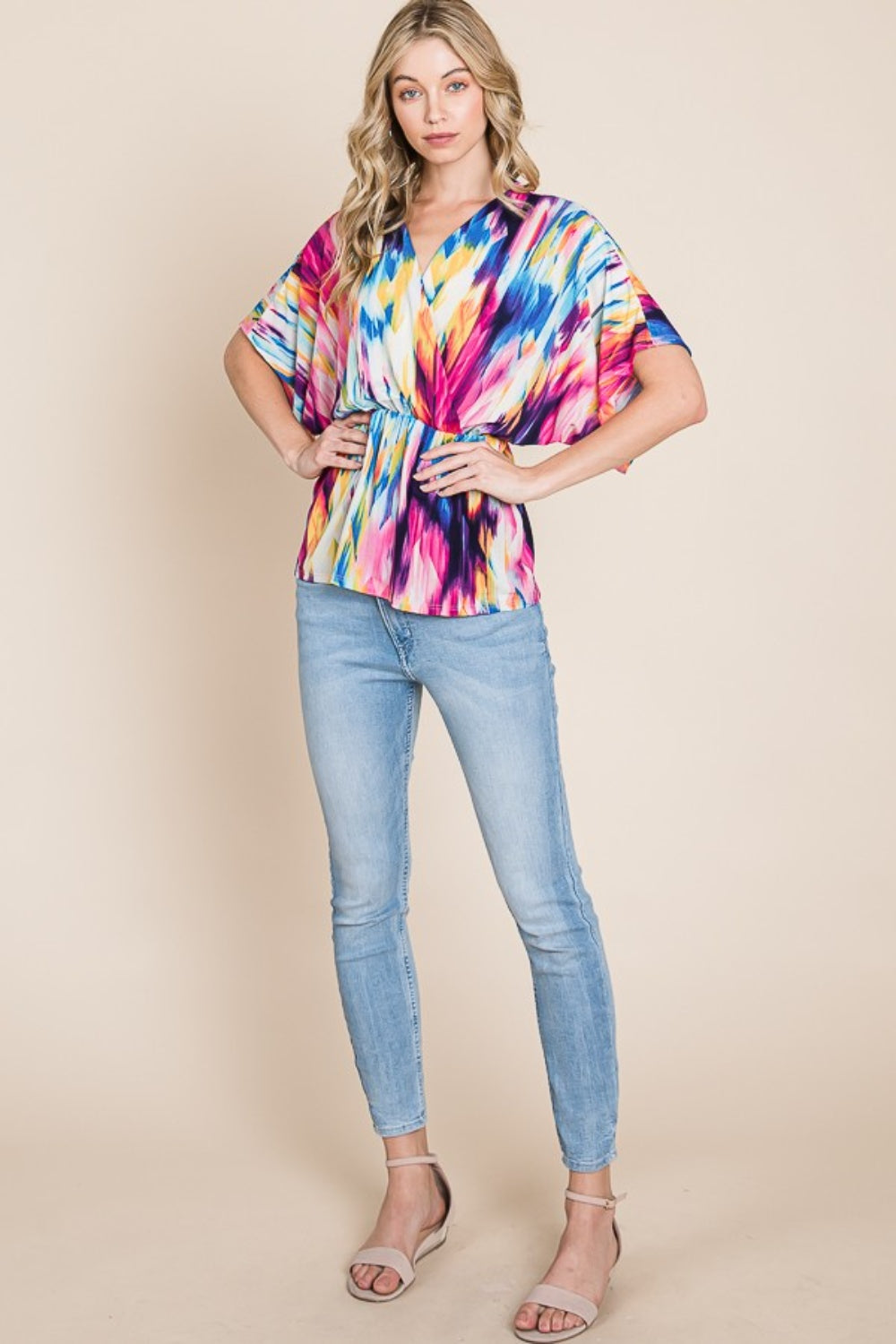 BOMBOM Printed Surplice Peplum Blouse - House of Binx 