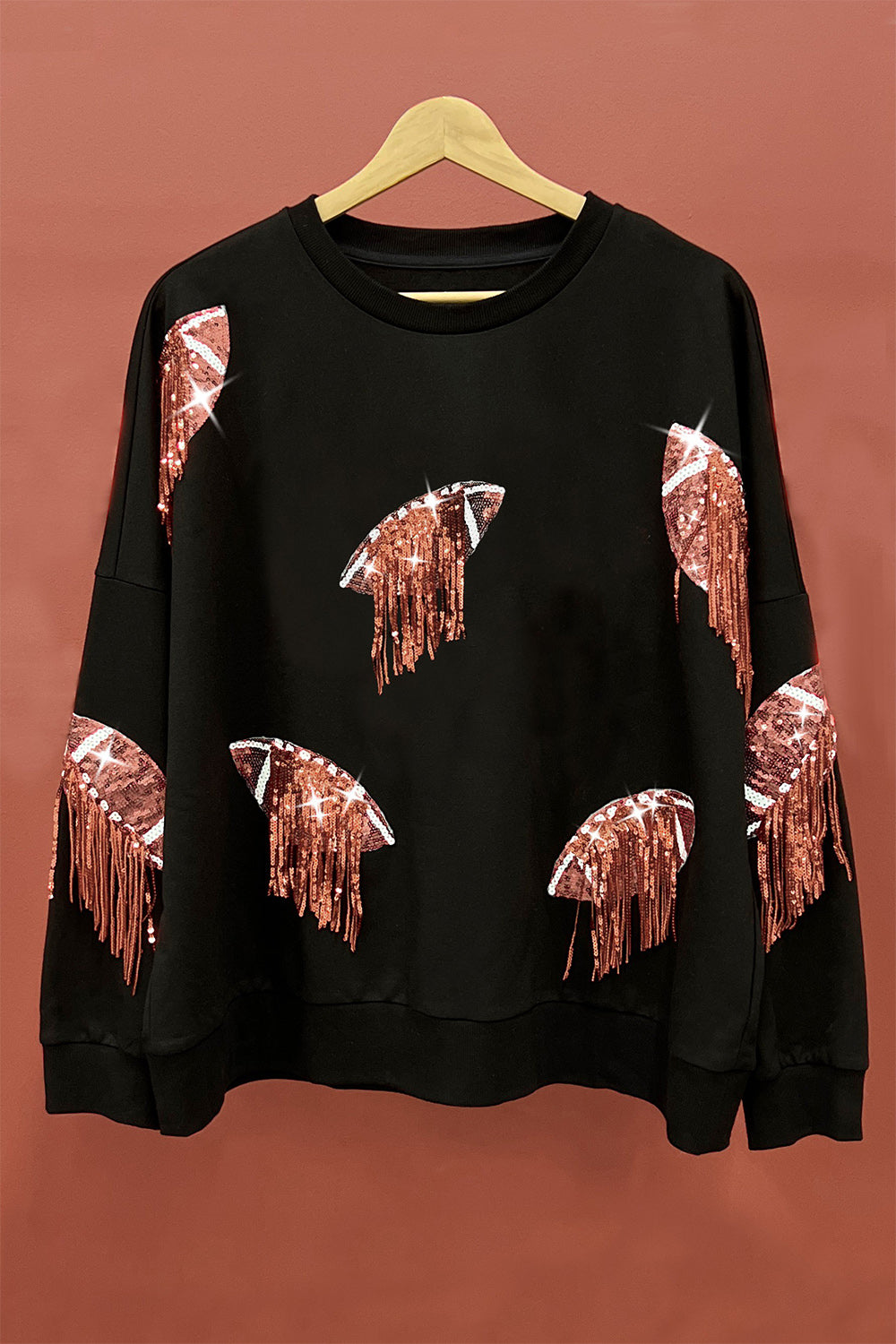 BiBi Sequin Fringe Football Patch Round Neck Sweatshirt - House of Binx 