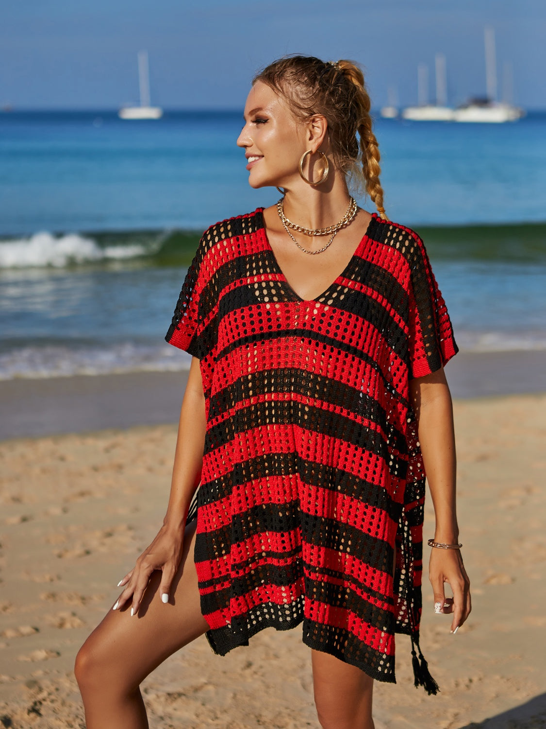 Tassel Openwork Striped V-Neck Cover Up - House of Binx 