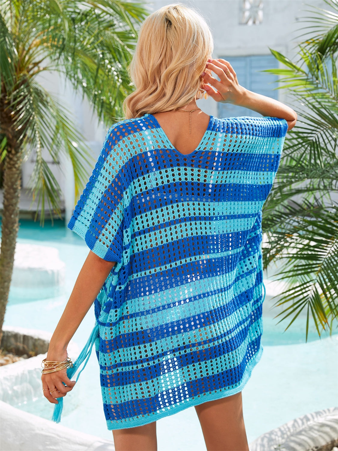 Tassel Openwork Striped V-Neck Cover Up - House of Binx 