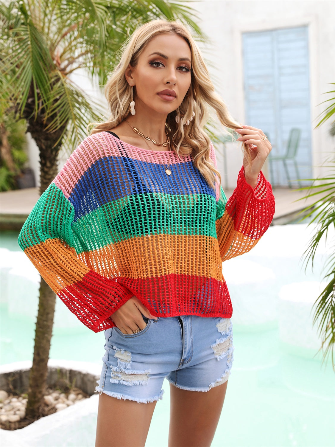 Color Block Openwork Boat Neck Cover Up - House of Binx 