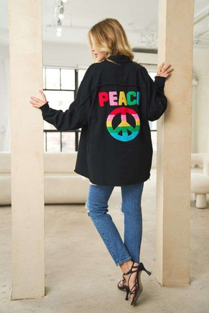 Multi Color Lettering Peace Symbol Button Up Shirt - House of Binx 