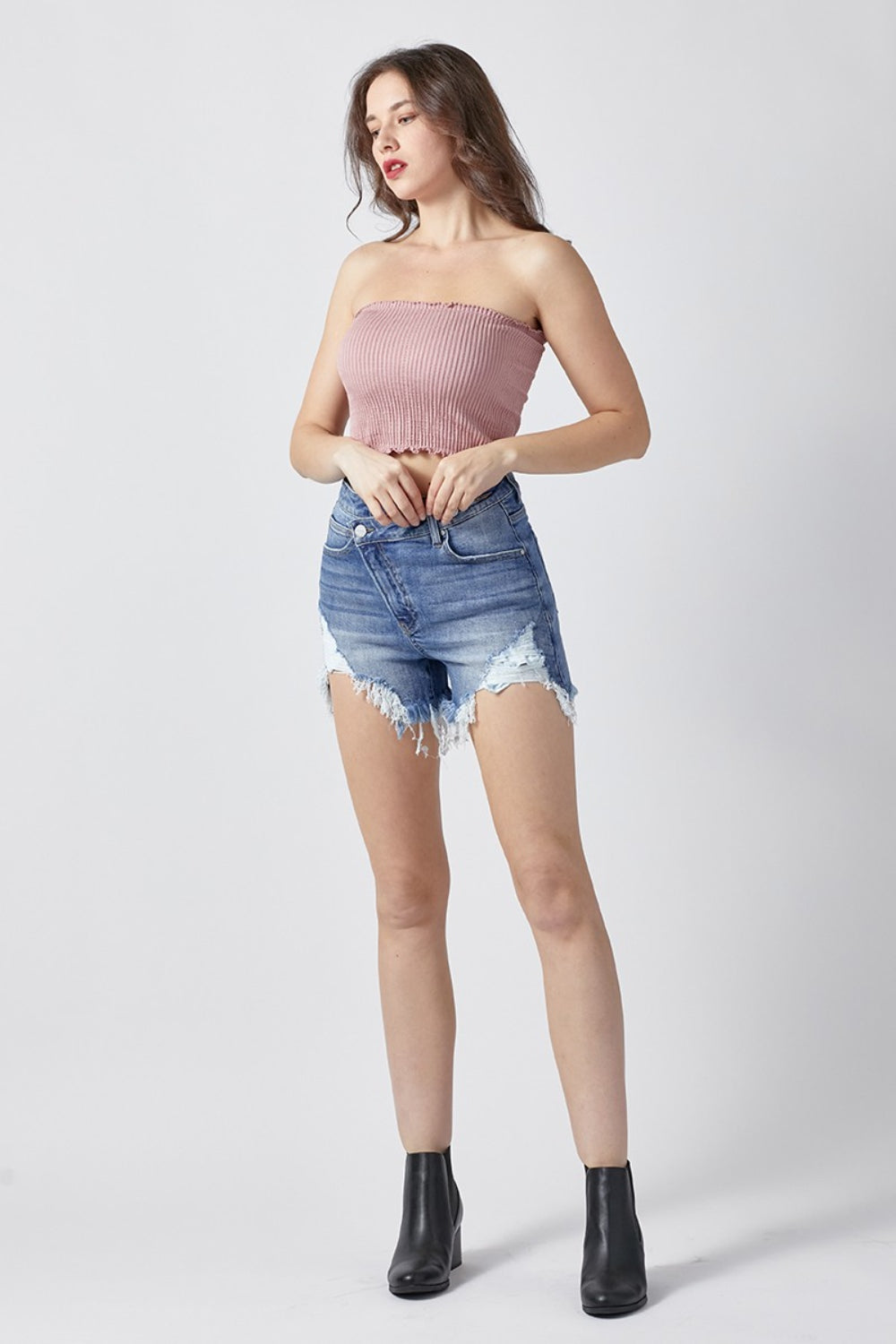 RISEN Raw Hem Asymmetrical Waist Denim Shorts - House of Binx 