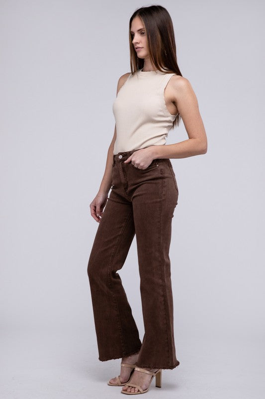 Acid Washed Frayed Cutoff Hem Straight Wide Pants - House of Binx 