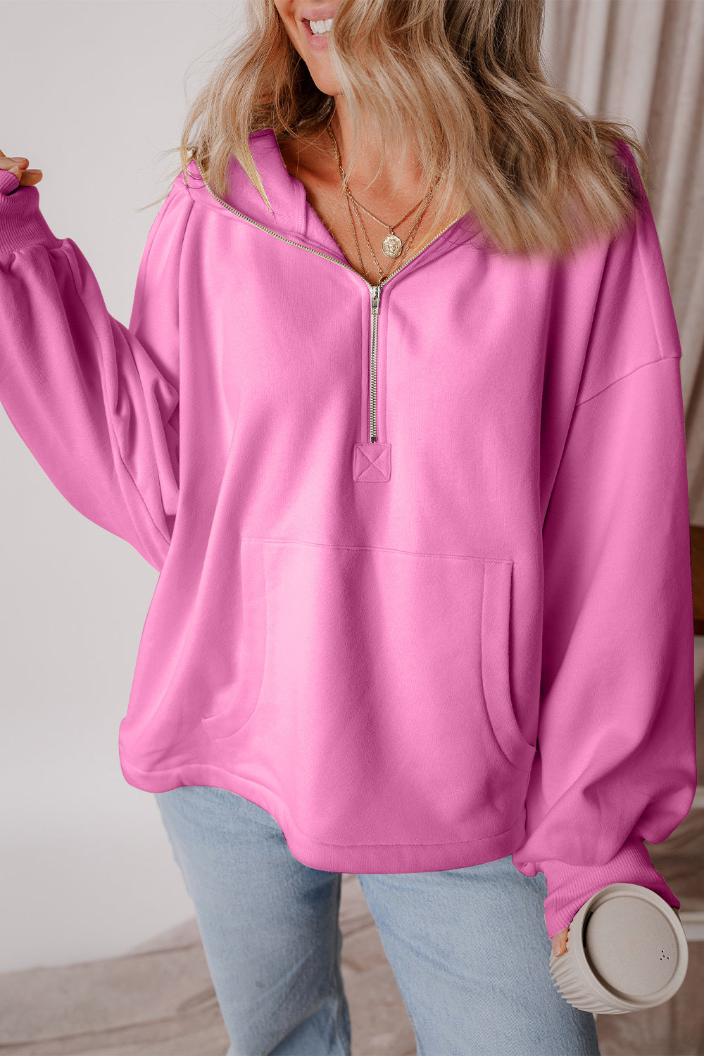 Pocketed Half Zip Dropped Shoulder Hoodie