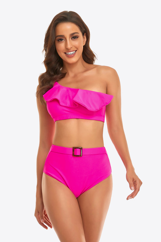 Ruffled One-Shoulder Buckled Bikini Set - House of Binx 