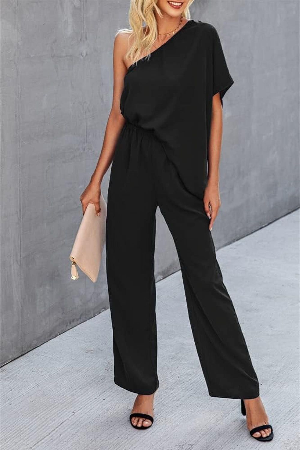 Single Shoulder Short Sleeve Jumpsuit - House of Binx 