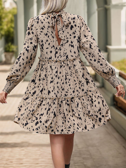 Frill Printed Mock Neck Long Sleeve Mini Dress Frill Printed Mock Neck Long Sleeve Mini Dress