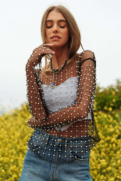 Bead and Pearl Embellished Long Sleeves Mesh Top - House of Binx 