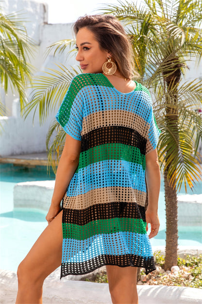 Openwork Striped V-Neck Short Sleeve Cover Up - House of Binx 