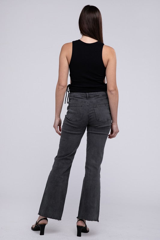 Acid Washed Frayed Cutoff Hem Straight Wide Pants - House of Binx 