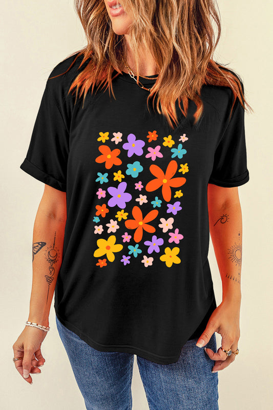 Flower Graphic Round Neck Short Sleeve T-Shirt - House of Binx 