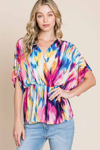 BOMBOM Printed Surplice Peplum Blouse - House of Binx 