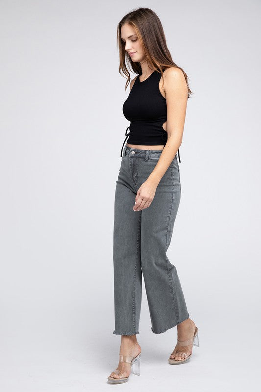 Acid Wash Frayed Cutoff Hem Straight Wide Pants - House of Binx 