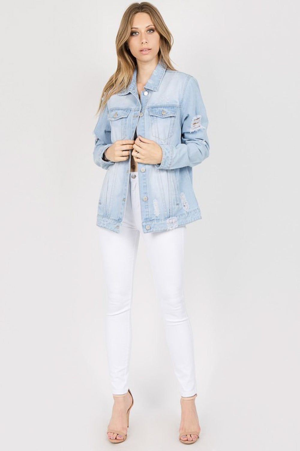 American Bazi Letter Patched Distressed Denim Jacket - House of Binx 