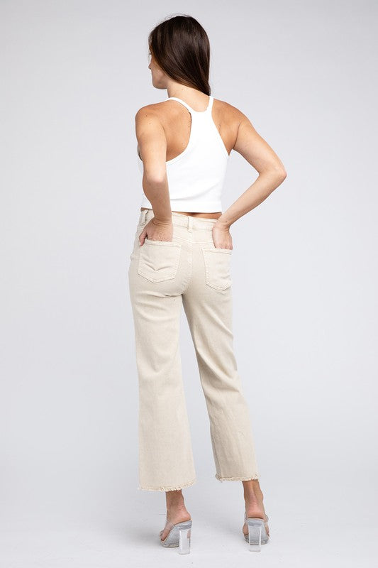 Acid Wash Frayed Cutoff Hem Straight Wide Pants - House of Binx 