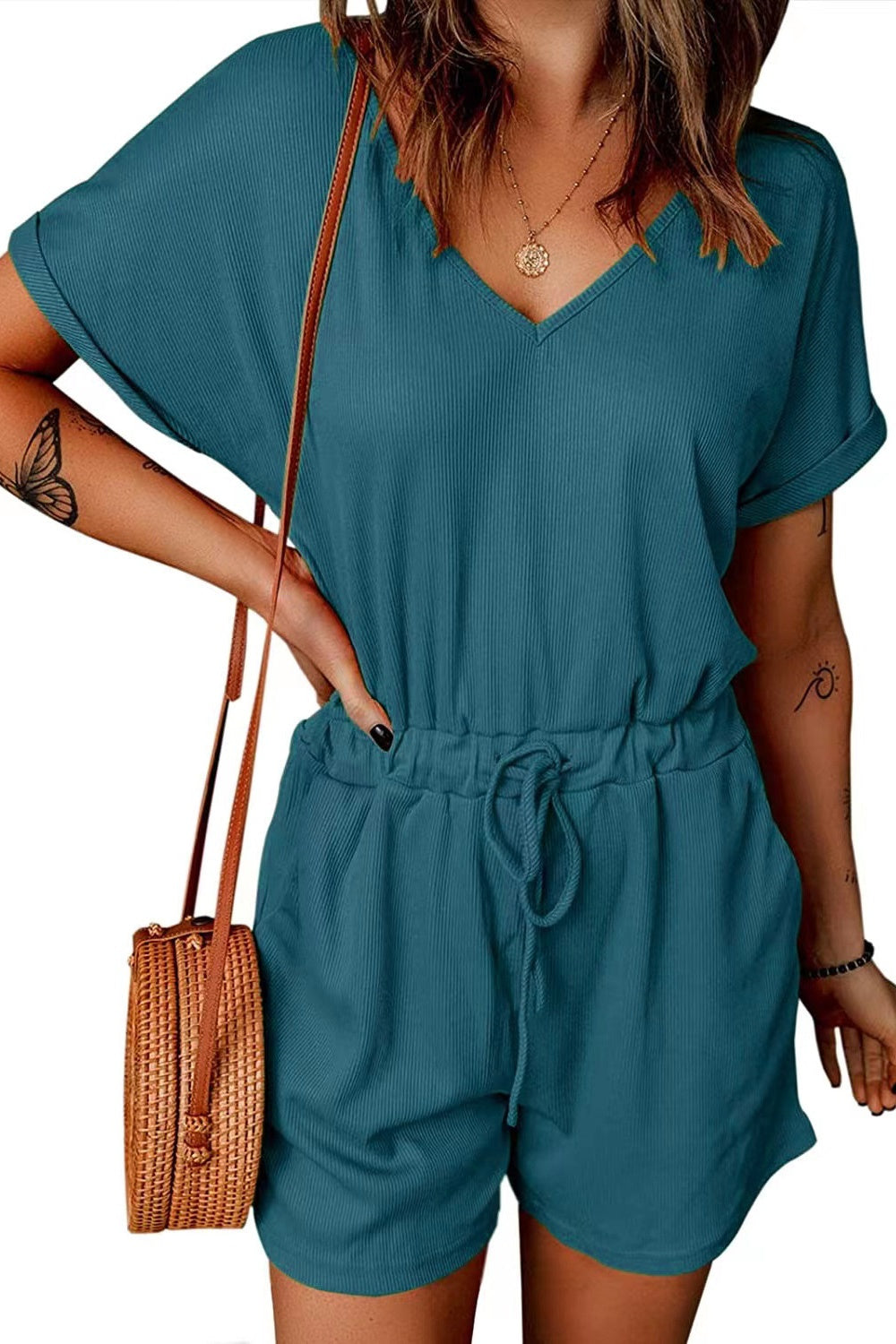 Full Size Drawstring V-Neck Short Sleeve Romper - House of Binx 