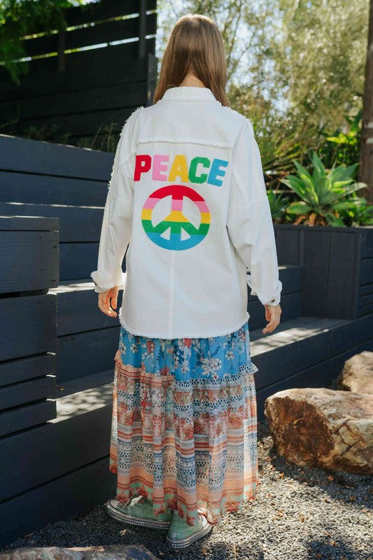 Multi Color Lettering Peace Symbol Button Up Shirt - House of Binx 